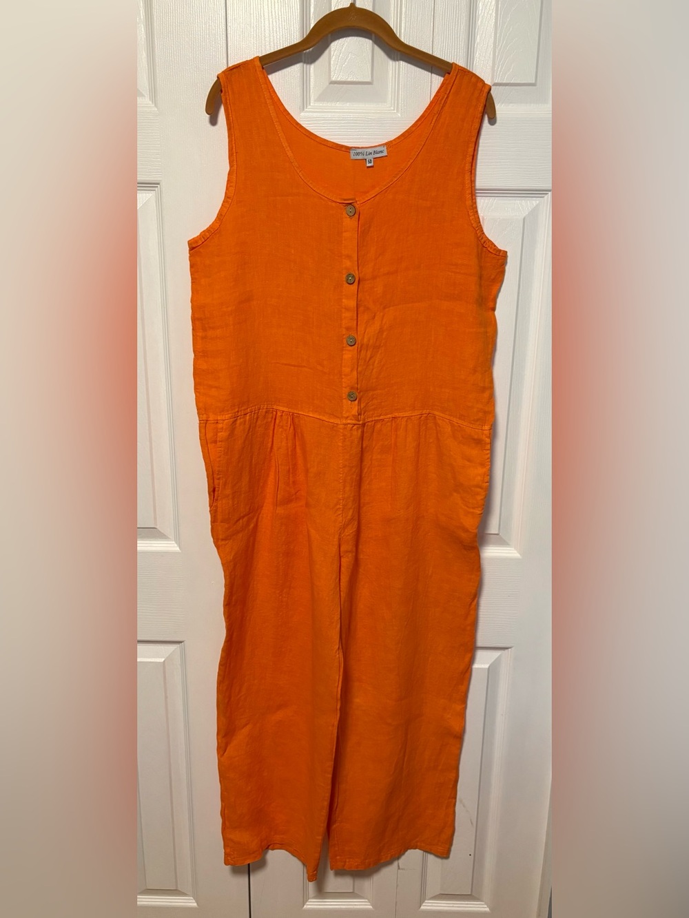 Lin Blanc 100% Linen Sleeveless Button-Front Jumpsuit in Vibrant Orange